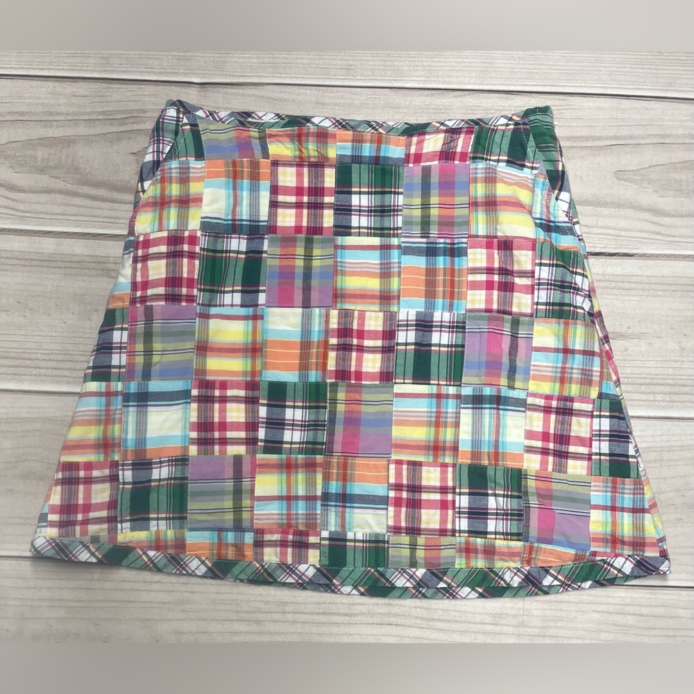 L.L. Bean Size 12-PET Cotton Madras Patchwork Lined Skirt Pockets Side Zip